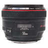 Canon EF 50mm f1.2 L USM front barrel showing distance scale window and AF MF switch