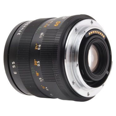 Leica 60mm Macro-Elmarit-R angled view showing rear mount and ROM contacts