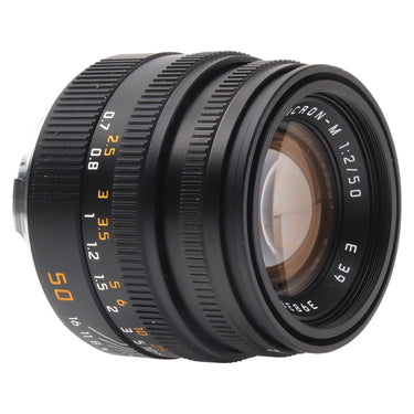 Leica 50mm f2 Summicron-M three-quarter view showing front glass and focus scale