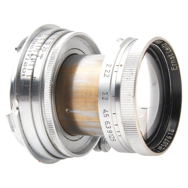 Leica 5cm f2 Summitar angled view extended showing focus distance scale and front element
