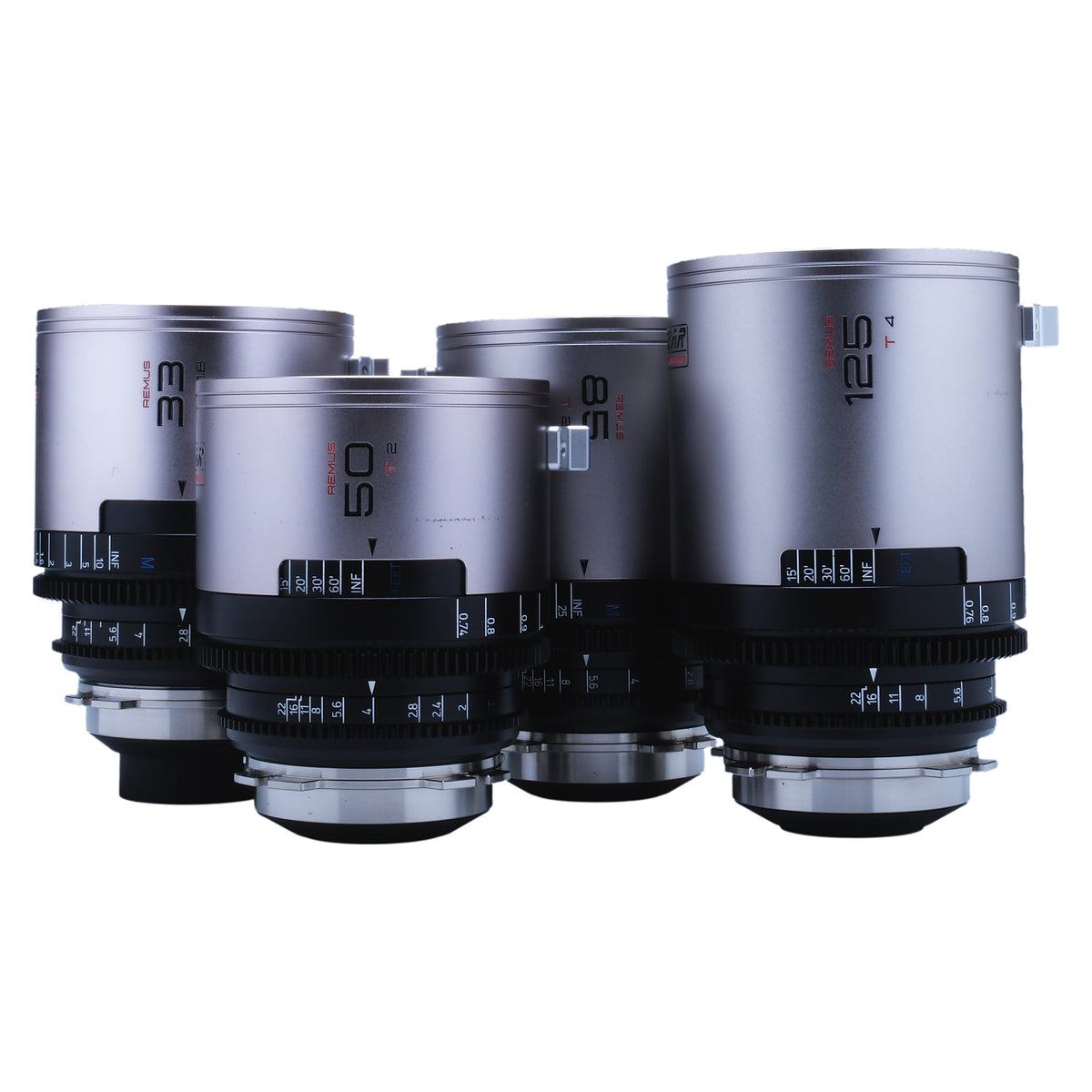 BLAZAR Remus 1.5x Anamorphic Cine 4-Lens Kit with 33mm T1.8, 50mm T2.0, 85mm T2.8/125mm T4.0, PL Mount, Silver Flare S1550346,S1560380,S1581955,S1570691
