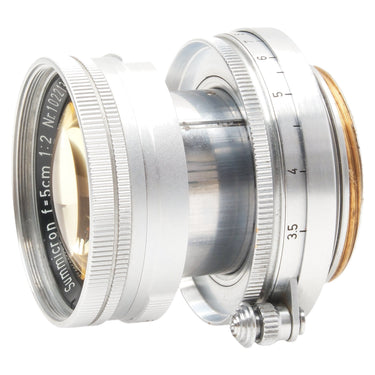 Leica 5cm f2 Summicron extended side view with focus scale and infinity lock