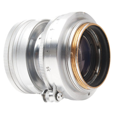 Leica 5cm f2 Summicron three-quarter rear view showing brass screw mount threads