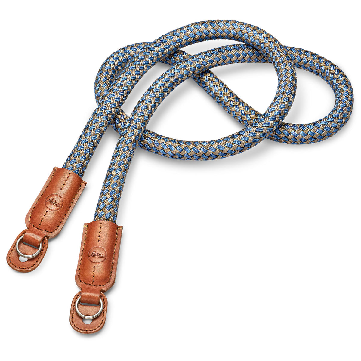 Leica Carrying Strap, Round Braided Rayon & Leather Cord, Cognac, Denim Blue